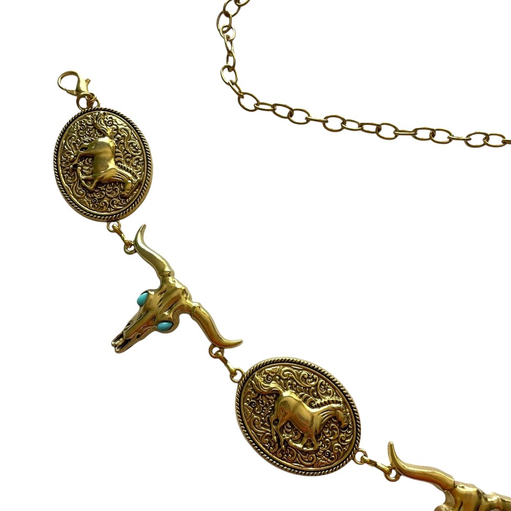 Turquoise Longhorn Skull Chain Belt Western Boho Statement‎ Cowboy Rodeo concho - Picture 8 of 9